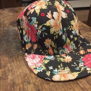 Floral fitted flat brim hat